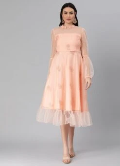 Peach Organza Embroidered Midi Dress After Six Wear -ZariGrace Shop Peach Organza Embroidered Midi Dress DRBS02205053 u