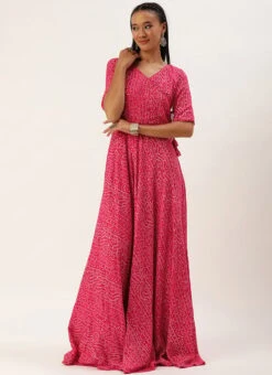 Pink Bandhani Printed Angarkha Gown Festive Wear -ZariGrace Shop Pink Bandhani Printed Angarkha Gown IWBS02302256 u