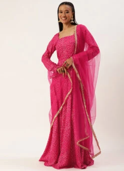 Dupatta From Pink Bandhani Printed Rayon Gown With Dupatta Set After Six Wear -ZariGrace Shop Pink Bandhani Printed Rayon Gown With Dupatta Set IWBS02302293 u