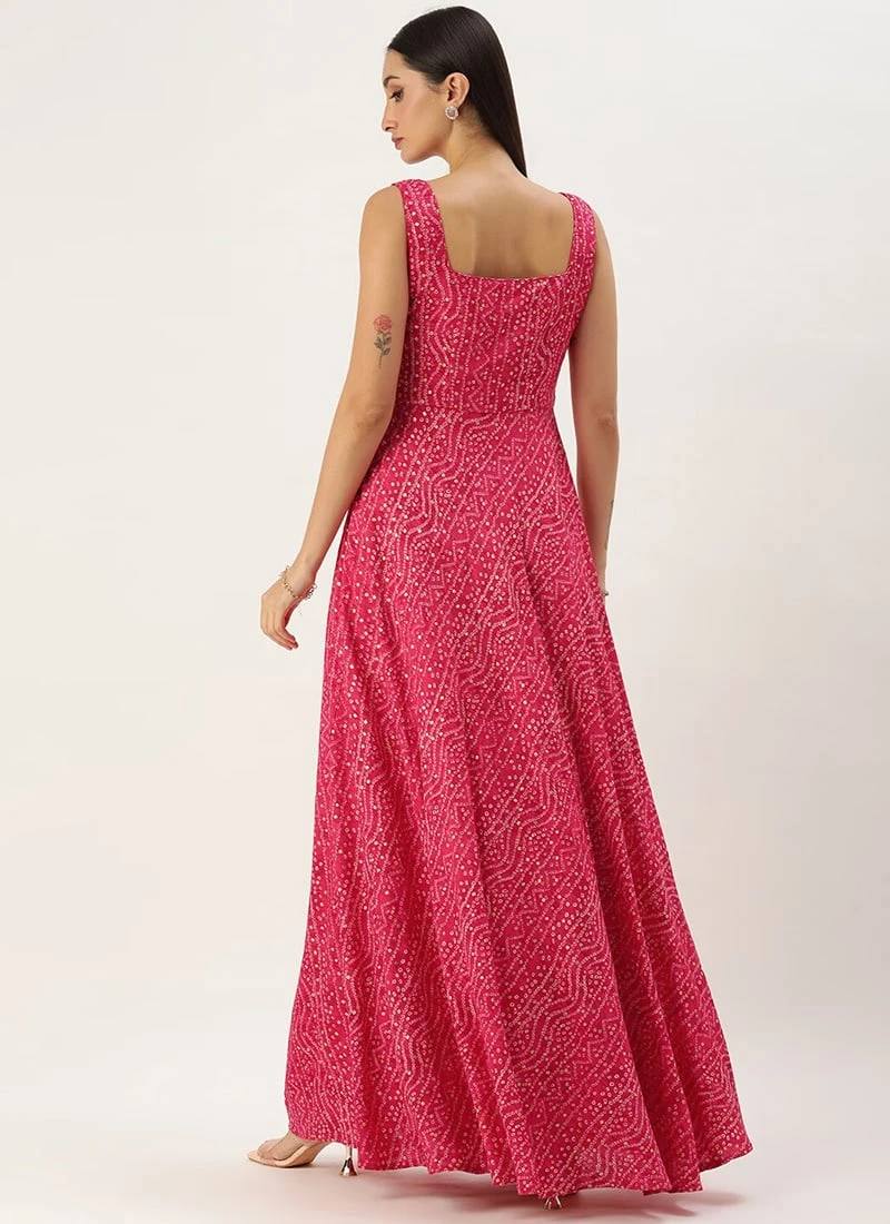 Pink Bandhani Printed Rayon Strap Neck Dress Festive Wear 6 Pink Bandhani Printed Rayon Strap Neck Dress Festive Wear - Image 4