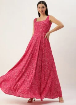 Pink Bandhani Printed Rayon Strap Neck Dress Festive Wear 12 Pink Bandhani Printed Rayon Strap Neck Dress Festive Wear -ZariGrace Shop Pink Bandhani Printed Rayon Strap Neck Dress DRBS02303755 u