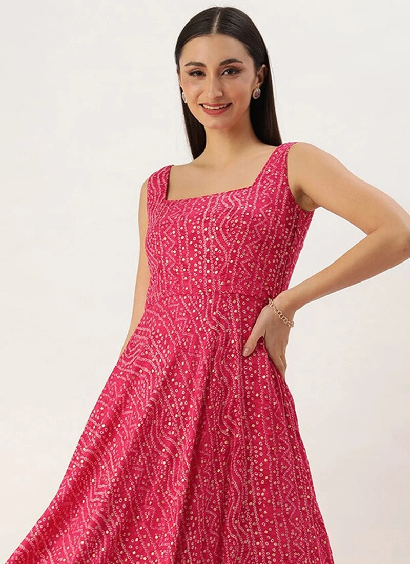 Pink Bandhani Printed Rayon Strap Neck Dress Festive Wear 7 Pink Bandhani Printed Rayon Strap Neck Dress Festive Wear - Image 5