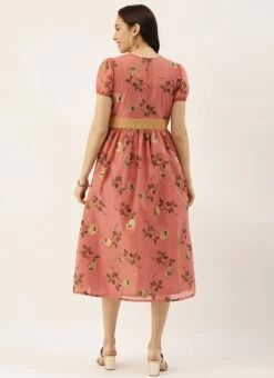 Pink Chanderi Silk Puff Sleeve Dress Festive Wear -ZariGrace Shop Pink Chanderi Silk Puff Sleeve Dress DRBS02012714 b