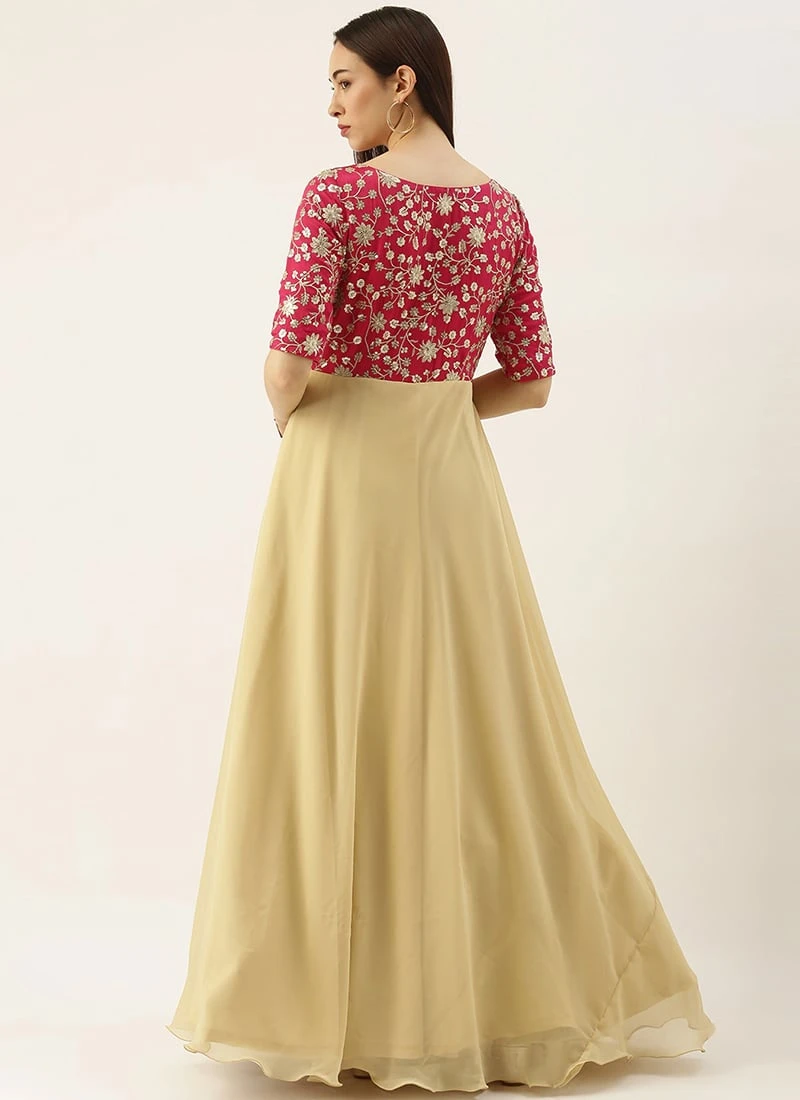 Pink Chinon Embroidered N Beige Gown Festive Wear 6 Pink Chinon Embroidered N Beige Gown Festive Wear - Image 4