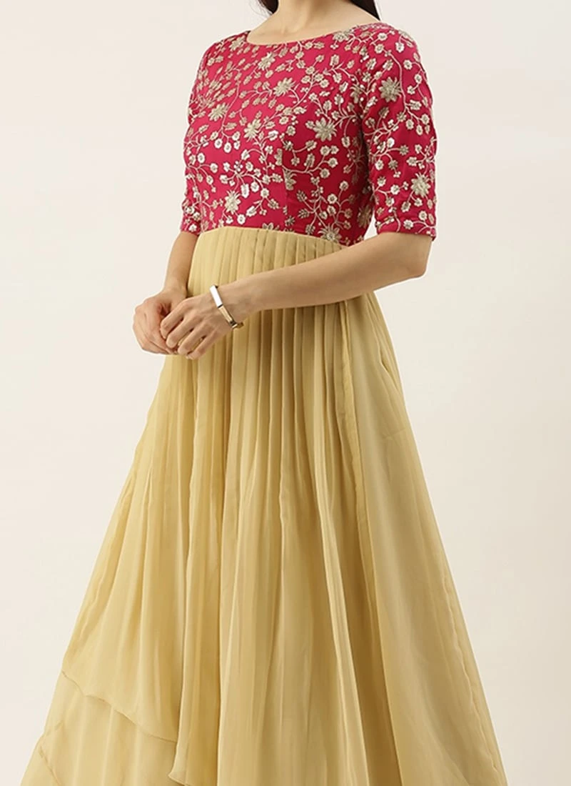 Pink Chinon Embroidered N Beige Gown Festive Wear 3 Pink Chinon Embroidered N Beige Gown Festive Wear