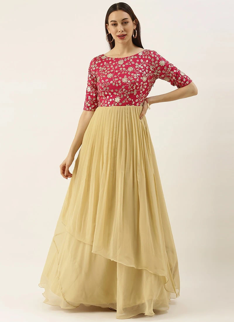Pink Chinon Embroidered N Beige Gown Festive Wear 5 Pink Chinon Embroidered N Beige Gown Festive Wear - Image 3