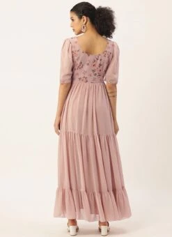 Pink Digital Printed Gathers Dress Festive Wear After Six Wear -ZariGrace Shop Pink Digital Printed Gathers Dress DRBS02110847 b