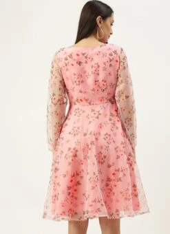 Pink Digital Printed Organza Knee Length Dress After Six Wear -ZariGrace Shop Pink Digital Printed Organza Knee Length Dress DRBS02109755 b