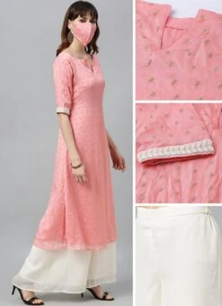 Pink Embroidered Calf Length Kurta Set After Six Wear -ZariGrace Shop Pink Embroidered Calf Length Kurta Set KSBS02007262 gl