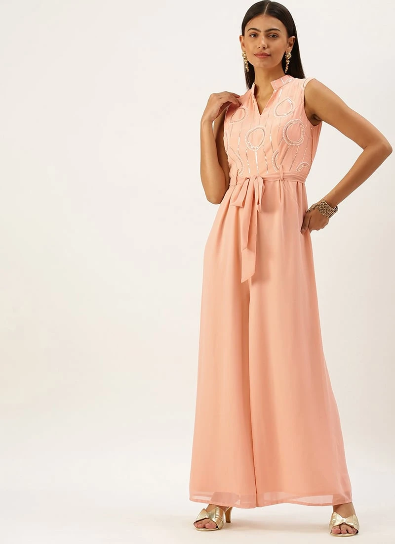 Pink Embroidered Collar Neck Jumpsuit Festive Wear 5 Pink Embroidered Collar Neck Jumpsuit Festive Wear - Image 3