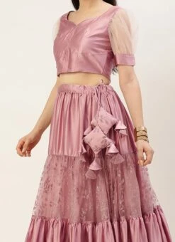 Pink Embroidered Gathered Net Lehenga Set Festive Wear