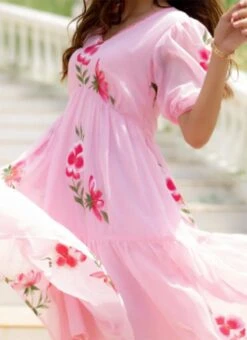 Pink Faux Chiffon Digital Print Fit And Flare Dress After Six Wear