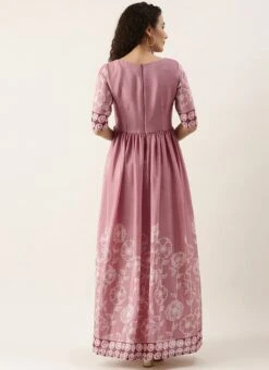 Pink Foil Print Chinnon Pleated Yoke Dress Festive Wear -ZariGrace Shop Pink Foil Print Chinnon Pleated Yoke Dress DRBS02111123 b