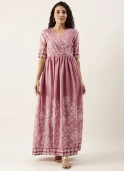 Pink Foil Print Chinnon Pleated Yoke Dress Festive Wear -ZariGrace Shop Pink Foil Print Chinnon Pleated Yoke Dress DRBS02111123 u