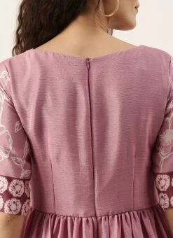 Pink Foil Print Chinnon Pleated Yoke Dress Festive Wear -ZariGrace Shop Pink Foil Print Chinnon Pleated Yoke Dress DRBS02111123 rrc2