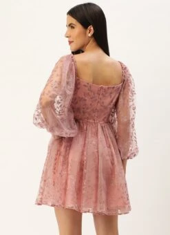 Pink Foil Printed Net Dress Party Wear -ZariGrace Shop Pink Foil Printed Net Dress DRBS02208554 b