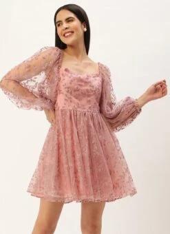 Pink Foil Printed Net Dress Party Wear -ZariGrace Shop Pink Foil Printed Net Dress DRBS02208554 u