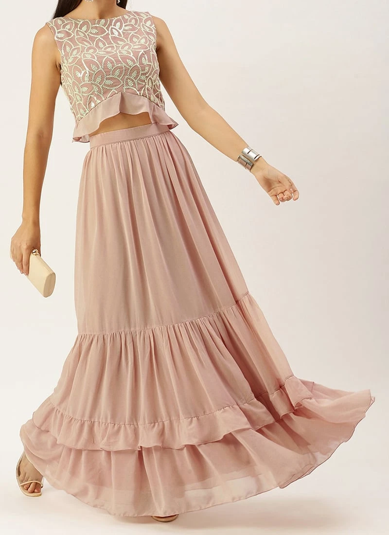 Pink Georgette Tiered Skirt Party Wear 5 Pink Georgette Tiered Skirt Party Wear - Image 3