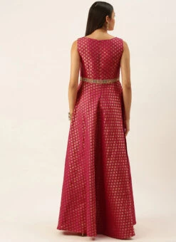 Pink Jacquard Draped Yoke Gown Party Wear -ZariGrace Shop Pink Jacquard Draped Yoke Gown IWBS02201205 b