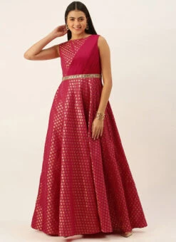 Pink Jacquard Draped Yoke Gown Party Wear -ZariGrace Shop Pink Jacquard Draped Yoke Gown IWBS02201205 u