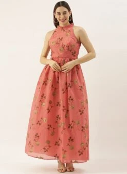 Pink Modal Chanderi Gathered Dress After Six Wear -ZariGrace Shop Pink Modal Chanderi Gathered Dress DRBS02104282 u