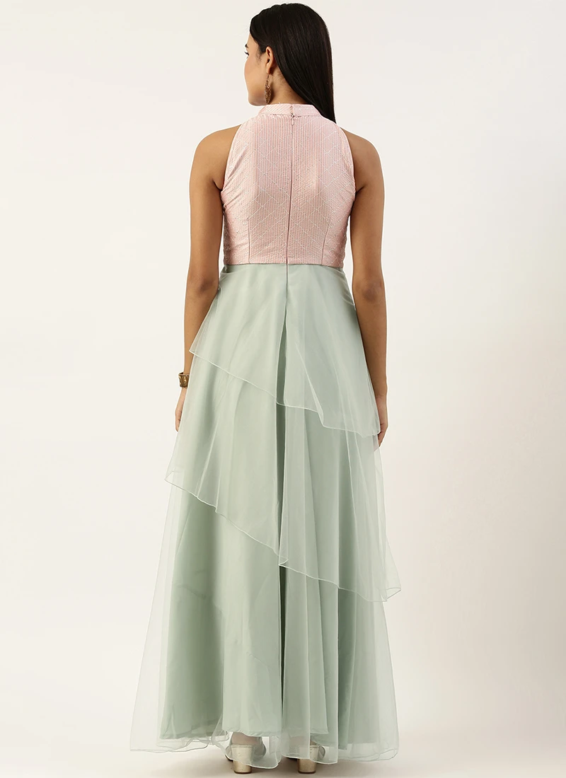 Pink N Green Embroidered Asymmetric Gown Festive Wear 6 Pink N Green Embroidered Asymmetric Gown Festive Wear - Image 4