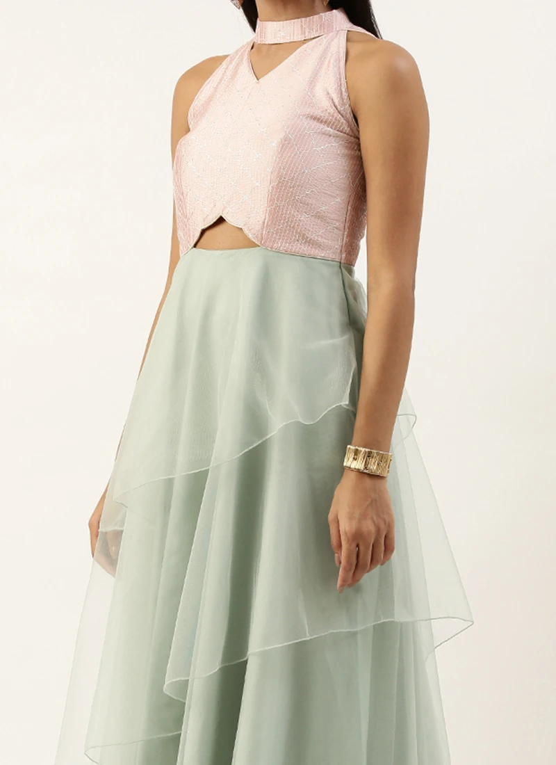 Pink N Green Embroidered Asymmetric Gown Festive Wear 3 Pink N Green Embroidered Asymmetric Gown Festive Wear