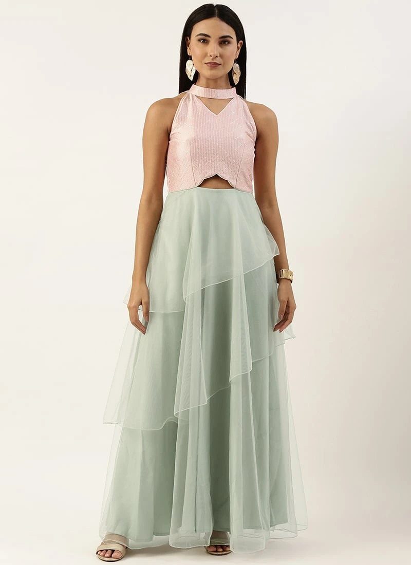 Pink N Green Embroidered Asymmetric Gown Festive Wear 5 Pink N Green Embroidered Asymmetric Gown Festive Wear - Image 3