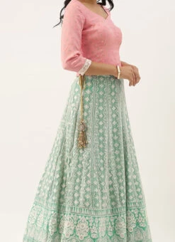 Pink N Green Embroidered Kali Lehenga Wedding Wear