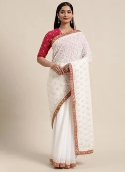 Pink N White Low V Neck Saree Festive Wear -ZariGrace Shop Pink N White Low V Neck Saree SABS01912125 u