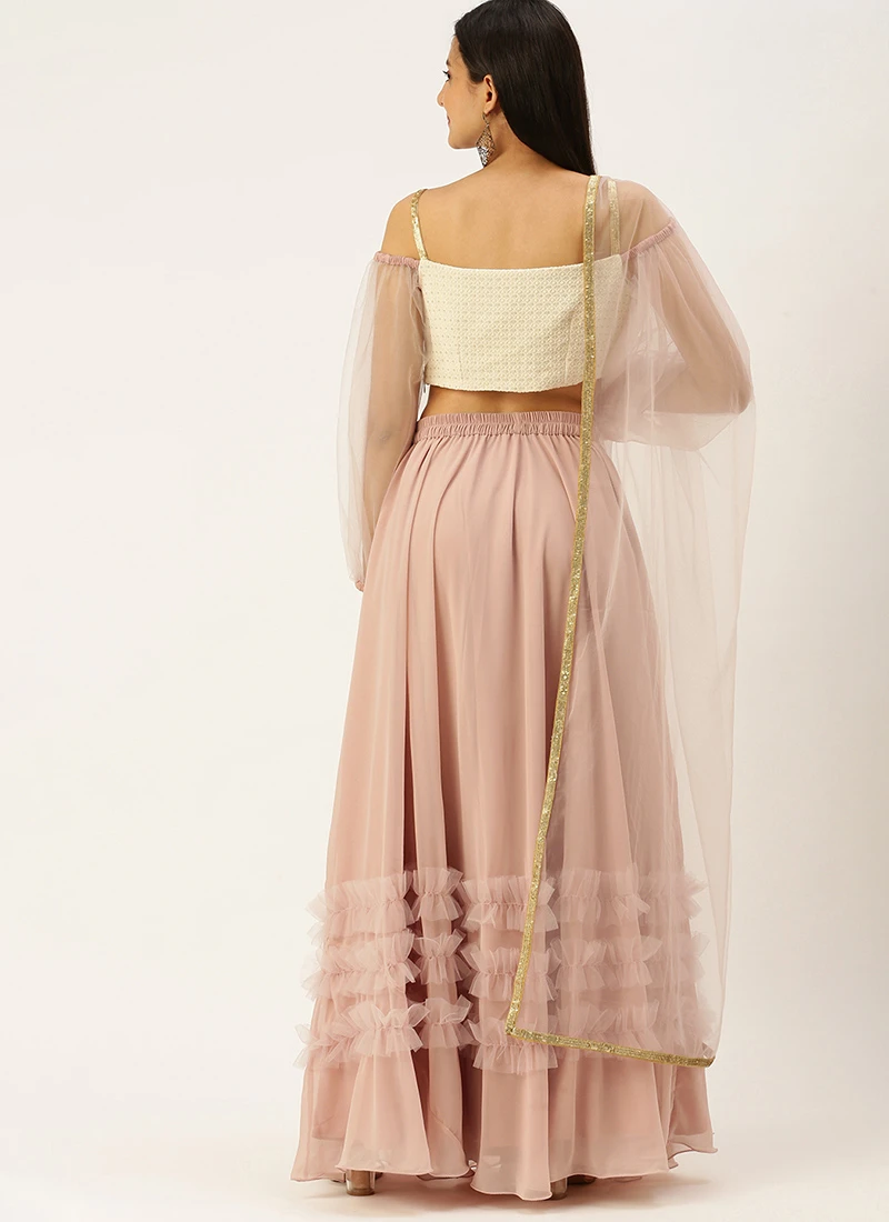 Pink N White Off Shoulder Puff Sleeves Lehenga Party Wear 6 Pink N White Off Shoulder Puff Sleeves Lehenga Party Wear - Image 4