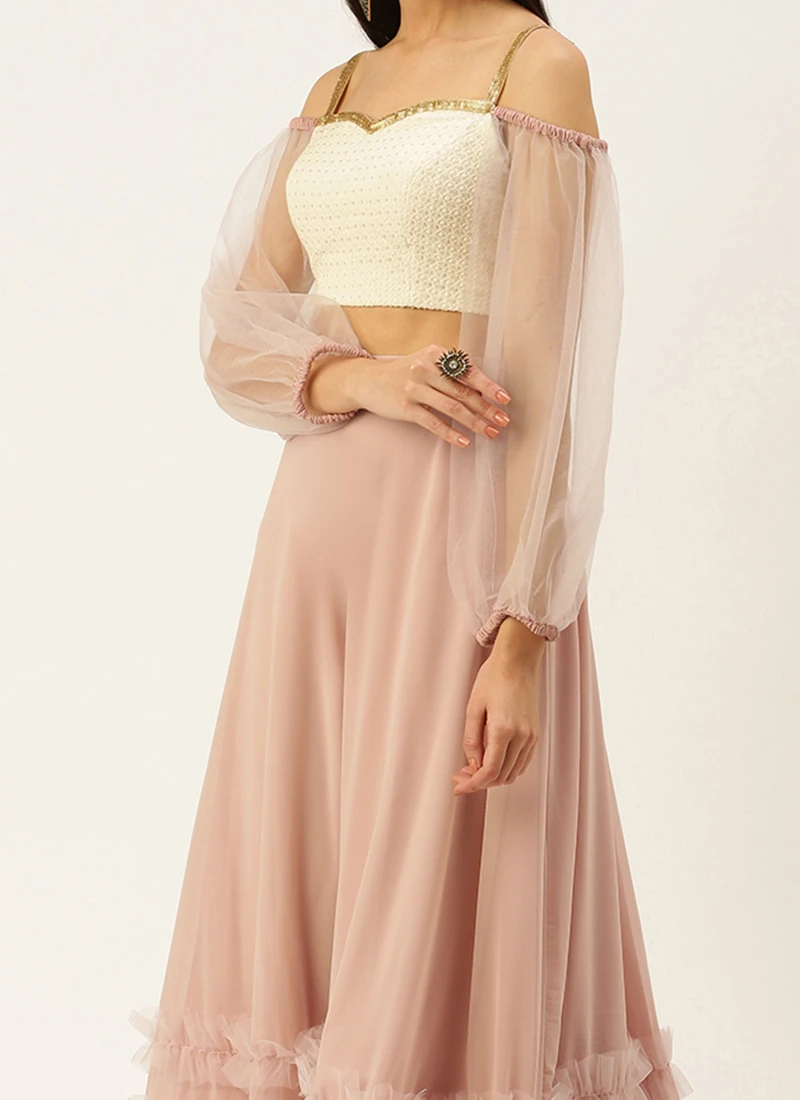 Pink N White Off Shoulder Puff Sleeves Lehenga Party Wear 3 Pink N White Off Shoulder Puff Sleeves Lehenga Party Wear