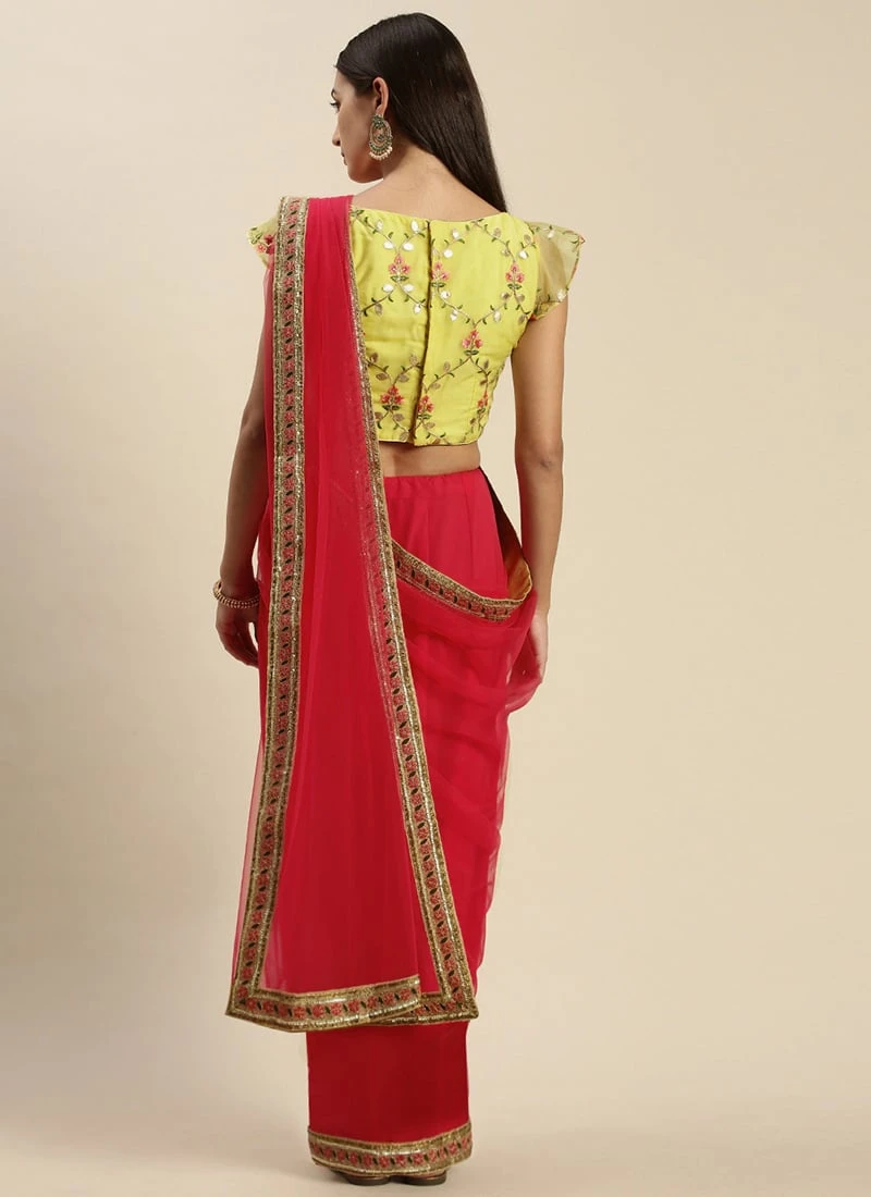 Pink N Yellow Embroidered Border Saree Festive Wear 6 Pink N Yellow Embroidered Border Saree Festive Wear - Image 4