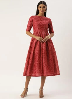 Pink Printed Cotton Gathered Calf Length Dress After Six Wear -ZariGrace Shop Pink Printed Cotton Gathered Calf Length Dress DRBS02106521 u