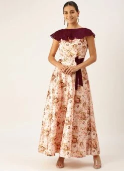 Pink Taffeta Digital Printed N Burgundy Dress Festive Wear -ZariGrace Shop Pink Taffeta Digital Printed N Burgundy Dress DRBS02109697 u