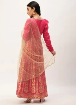 Dupatta From Pink Taffeta Jacquard Anarkali Set After Six Wear -ZariGrace Shop Pink Taffeta Jacquard Anarkali Set SLBS02301044 b