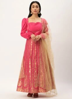 Dupatta From Pink Taffeta Jacquard Anarkali Set After Six Wear -ZariGrace Shop Pink Taffeta Jacquard Anarkali Set SLBS02301044 u