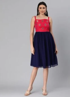 Pink Taffeta Jacquard N Navy Blue Dress Festive Wear -ZariGrace Shop Pink Taffeta Jacquard N Navy Blue Dress DRBS02205006 u
