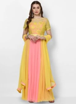Pink And Yellow Georgette Embroidered Anarkali Suit Party Wear -ZariGrace Shop Pink and Yellow Georgette Embroidered Anarkali Suit SLDVC22 u