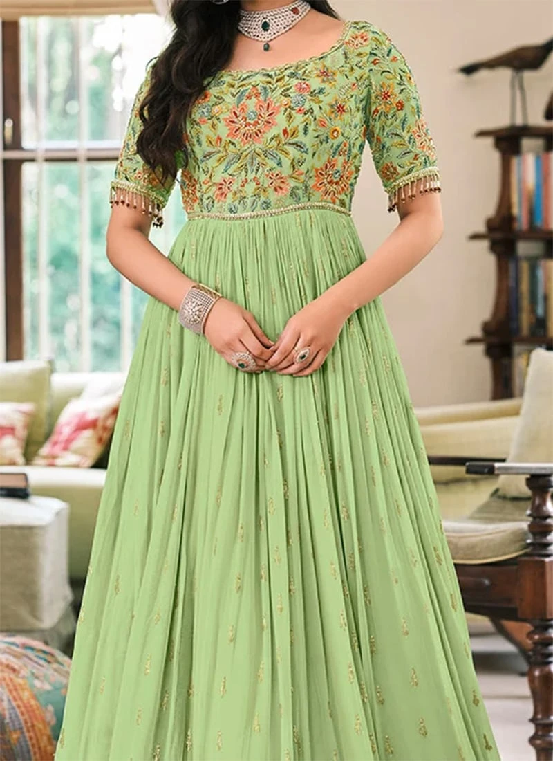 Pista Green Georgette Embroidered N Stones Anarkali Suit Party Wear 3 Pista Green Georgette Embroidered N Stones Anarkali Suit Party Wear