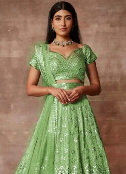 Pista Green Organza Embroidery Sequins Umbrella Lehenga Party Wear -ZariGrace Shop Pista Green Organza Embroidery Sequins Umbrella Lehenga GHSKA44212004 b