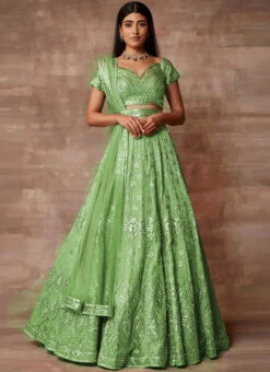 Pista Green Organza Embroidery Sequins Umbrella Lehenga Party Wear -ZariGrace Shop Pista Green Organza Embroidery Sequins Umbrella Lehenga GHSKA44212004 u