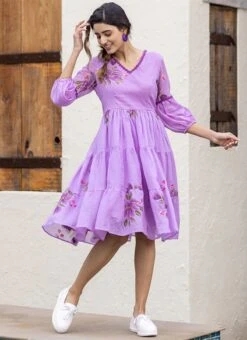 Purple Faux Chiffon Digital Print Fit And Flare Dress After Six Wear -ZariGrace Shop Purple Faux Chiffon Digital Print Fit And Flare Dress DRSSUF1305 u