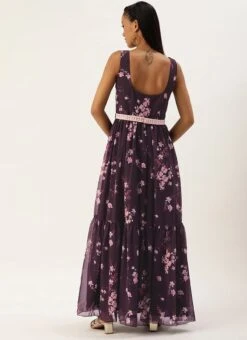 Purple Georgette Digital Printed Tiered Dress Festive Wear -ZariGrace Shop Purple Georgette Digital Printed Tiered Dress DRBS02302269 b