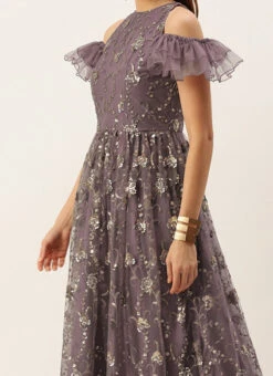 Purple Net Sequins Embroidered Layered Style Gown Wedding Wear