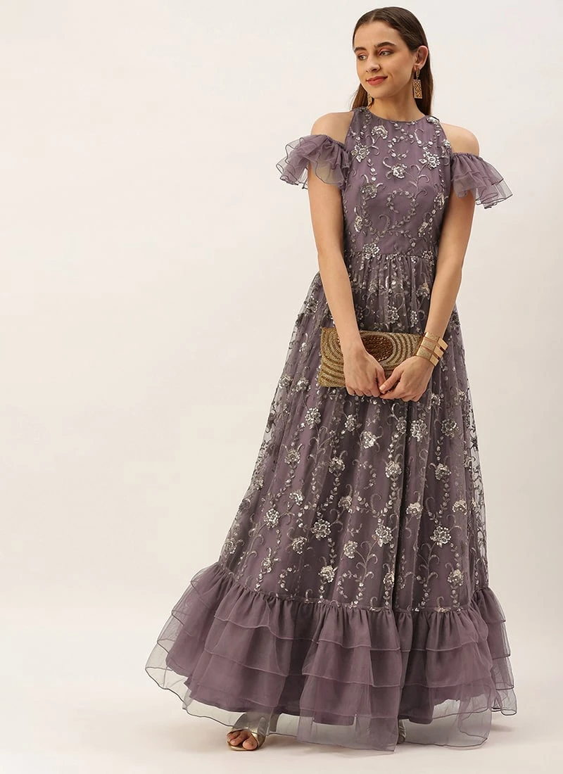 Purple Net Sequins Embroidered Layered Style Gown Wedding Wear 5 Purple Net Sequins Embroidered Layered Style Gown Wedding Wear - Image 3