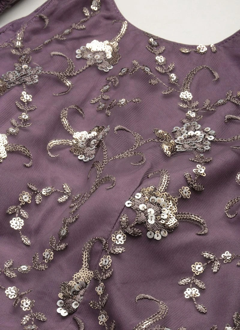 Purple Net Sequins Embroidered Layered Style Gown Wedding Wear 7 Purple Net Sequins Embroidered Layered Style Gown Wedding Wear - Image 5