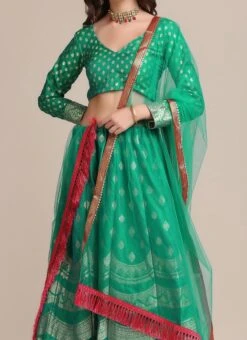 Rama Green Silk Zari Jacquard Weaving Work A Line Lehenga Party Wear
