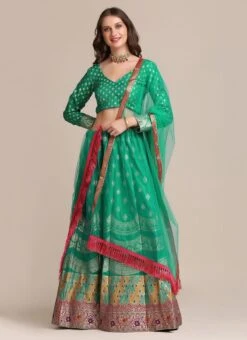 Rama Green Silk Zari Jacquard Weaving Work A Line Lehenga Party Wear -ZariGrace Shop Rama Green Silk Zari Jacquard Weaving Work A Line Lehenga GHSACW2803 u