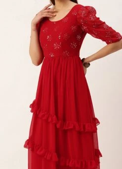 Red Georgette Embroidered Maxi Dress Festive Wear